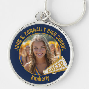 Navy Blue Gold Cheerleader Photo High School Keychain