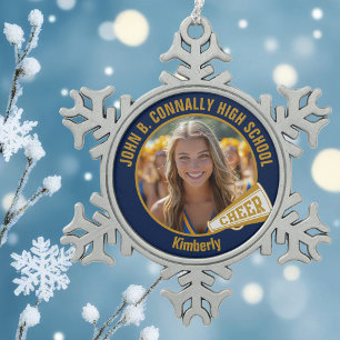 Navy Blue Gold Cheerleader Photo High School Snowflake Pewter Christmas Ornament