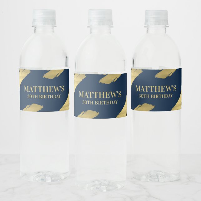 Navy Blue Gold Chic Elegant Birthday Water Bottle Label (Bottles)