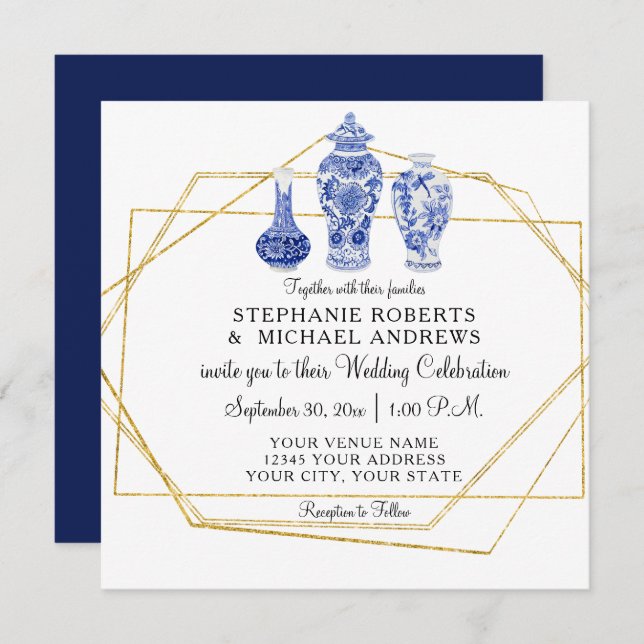 Navy Blue Gold Chinoiserie Chinese Vintage Pottery Invitation (Front/Back)