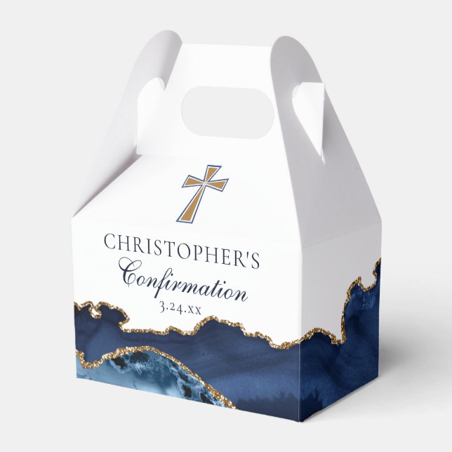 Navy Blue Gold Christian Cross Confirmation Party Favor Box (Front Side)