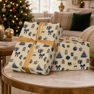Navy Blue Gold Christmas Pattern Wrapping Paper