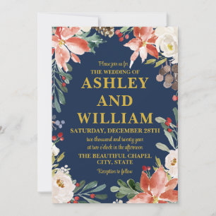 Navy Blue & Gold Christmas Winter Greenery Wedding Invitation