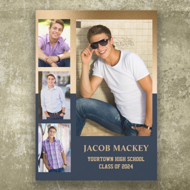 Navy Blue Gold Class of 2024 High School Photo  Announcement (Navy blue and gold 4-photo graduation announcement)