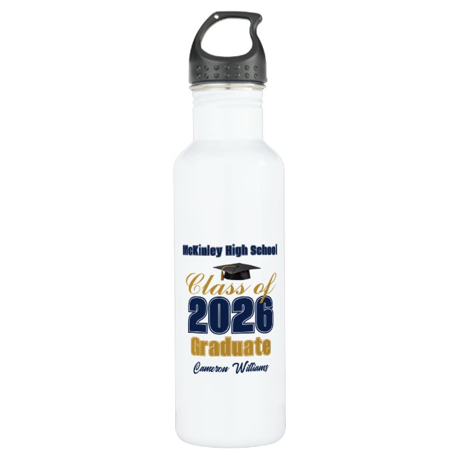 Navy Blue Gold Class of 2026 Custom Graduation 710 Ml Water Bottle (Front)