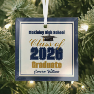 Navy Blue Gold Class of 2026 Graduation Glass Ornament