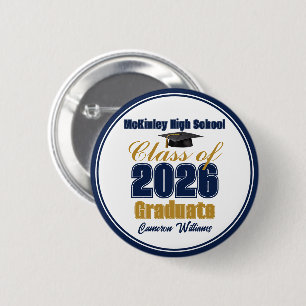Navy Blue Gold Class of 2026 Graduation Party 2 Inch Round Button