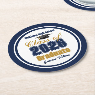 Navy Blue Gold Class of 2026 Graduation Party Round Paper Coaster