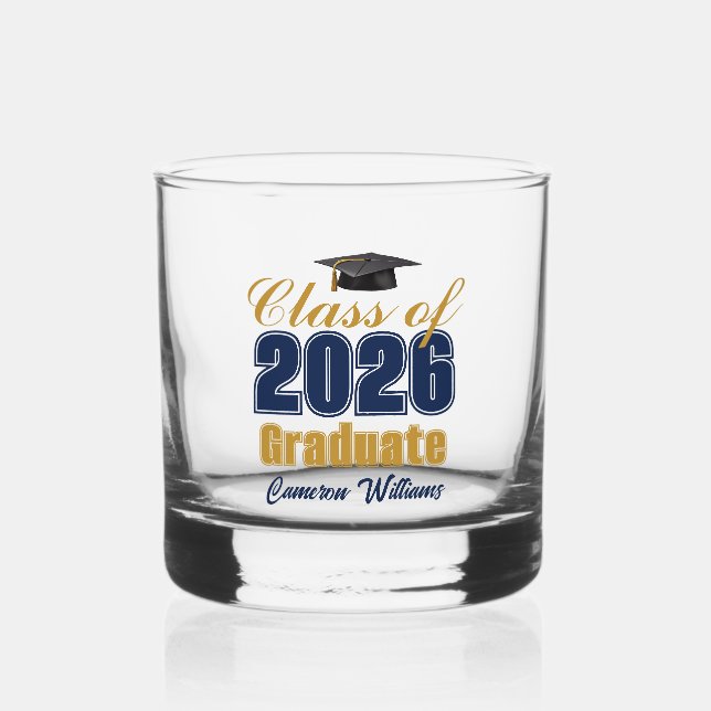 Navy Blue Gold Class of 2026 Graduation Whiskey Glass (Front)