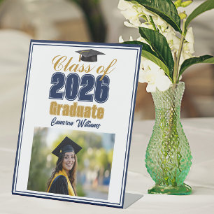 Navy Blue Gold Class of 2026 Photo Graduation Pedestal Sign