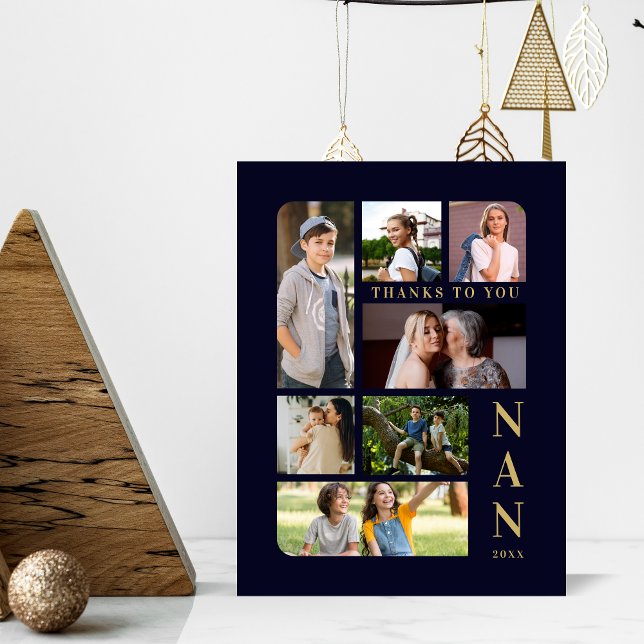 Navy Blue & Gold Classic 7 Multi Photos Collage Pedestal Sign (Navy Blue & Fake Gold Classic 7 Multi Photos Collage Family Pedestal Sign.)