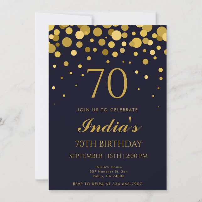 Navy Blue & Gold Confetti 70th Birthday Party Invitation (Front)
