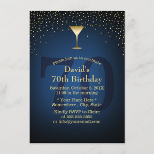 Navy Blue Gold Confetti 70th Birthday Wine Party Invitation