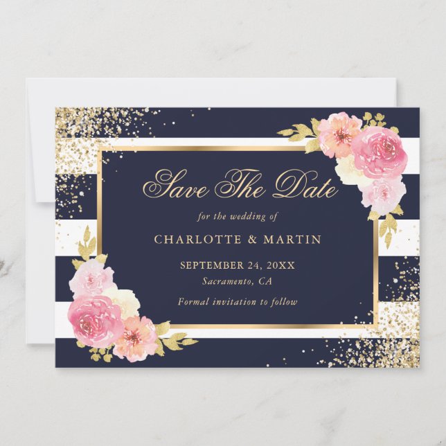 Navy Blue Gold Confetti Blush Pink Floral Wedding Save The Date (Front)
