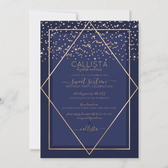 Navy Blue Gold Confetti Border Sweet 16 Invitation (Front)