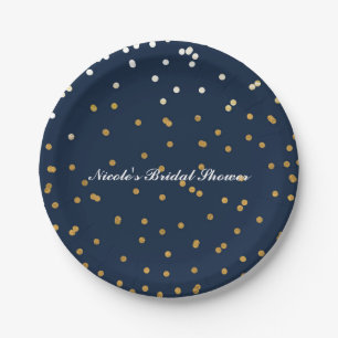 Navy Blue & Gold Confetti Dots Modern Chic Paper Plate