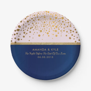 Navy Blue & Gold Confetti Dots & Pale Pink Design Paper Plate