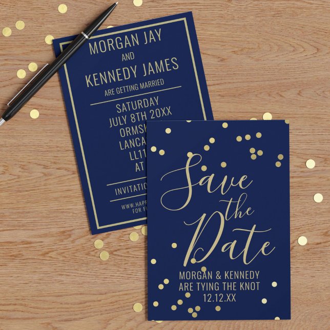 Navy Blue Gold Confetti Flat Save The Date Card (Add your wedding details to this Navy Blue and Gold Confetti Save the Date Card)