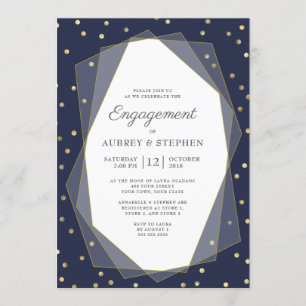 Navy Blue Gold Confetti Geometric Engagement Party Invitation