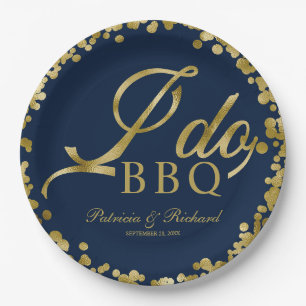 Navy Blue Gold Confetti I Do BBQ Engagement Party Paper Plate