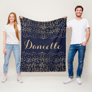 Navy Blue Gold Confetti Monogram Name Fleece Blanket
