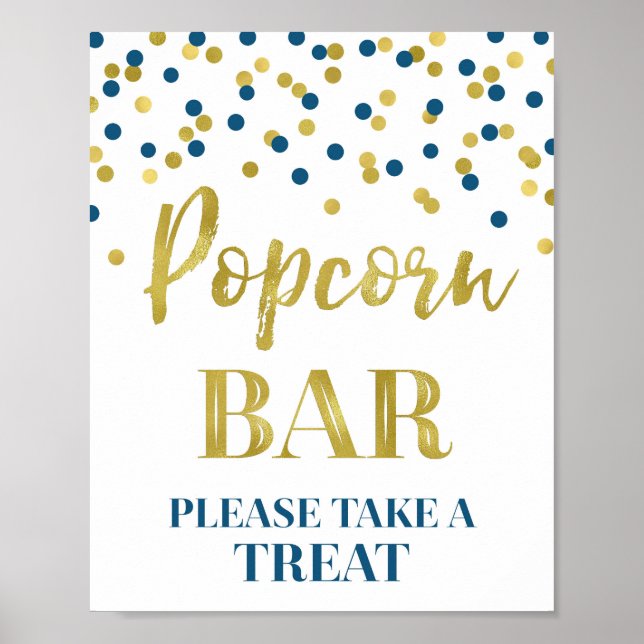Navy Blue Gold Confetti Popcorn Bar Sign (Front)