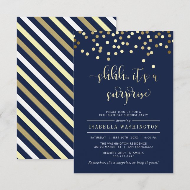 Navy Blue & Gold Confetti Surprise Birthday Party Invitation (Front/Back)