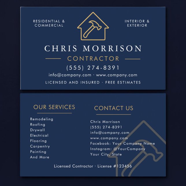 Navy Blue Gold Construction Professional Business Card (Creator Uploaded)