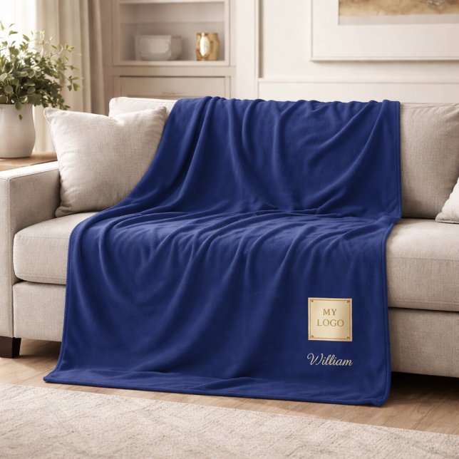 Navy blue gold corporate logo company name luxury fleece blanket (Creator Uploaded)