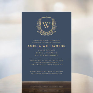 Navy Blue Gold Crest Monogram Graduation Party Invitation