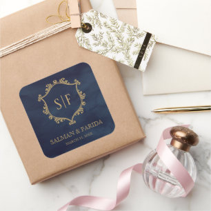 Navy Blue Gold Crest Monogram Wedding Favour Square Sticker