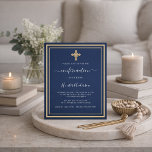 Navy blue gold cross boy invitation<br><div class="desc">A modern,  elegant and invitation.  A navy blue background decorated with a golden cross,  and frames.  Personalize and add a name and details. White text. 

1 sheet = 1 invitation printed edge to edge.</div>