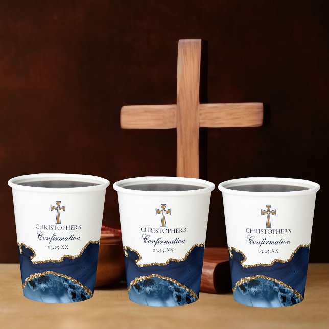 Navy Blue Gold Cross Custom Confirmation Party Paper Cups (Creator Uploaded)