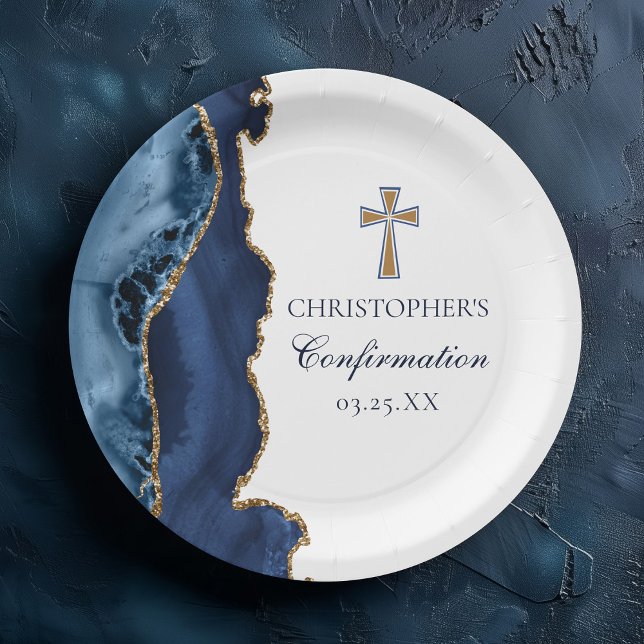 Navy Blue Gold Cross Custom Confirmation Party Paper Plate (Creator Uploaded)