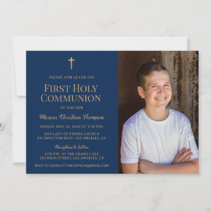 Navy Blue Gold Cross First holy communion  Photo Invitation