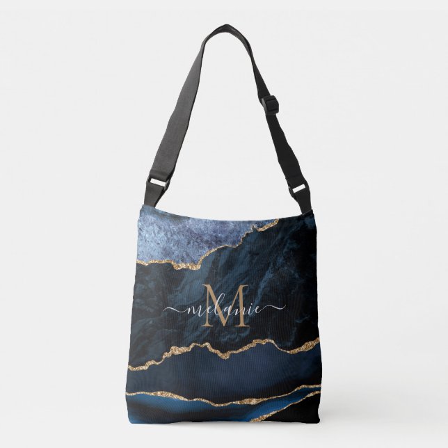 Navy Blue Gold Crossbody Bag Custom Name Letter (Front)