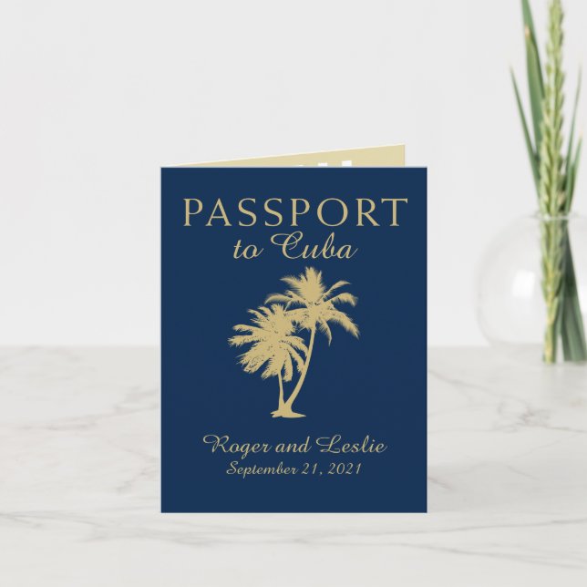 Navy Blue Gold Cuba Wedding Passport Invitation (Front)