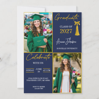 Navy Blue & Gold Custom 2 Photo Graduation Party  Invitation