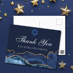 Navy Blue Gold Custom Bat Mitzvah Thank You Postcard<br><div class="desc">Elegant navy blue and gold agate decorates the side of this modern Bat Mitzvah thank you postcard. Mazel Tov! Customize with your name under the Star of David. Perfect postcard for a chic,  stylish Jewish family celebrating a girl being called to the Torah.</div>