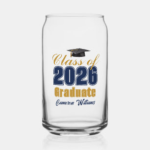 Navy Blue Gold Custom Class of 2026 Graduation Can Glass