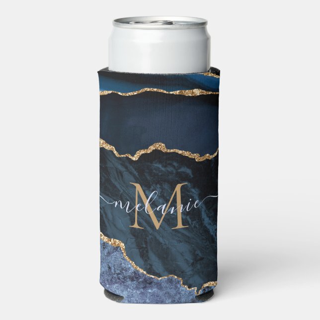 Navy Blue Gold Custom Letter Name Can Cooler (Seltzer Back)