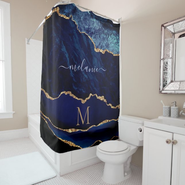 Navy Blue Gold Custom Letter Name Shower Curtain (In Situ)