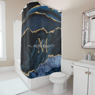 Navy Blue Gold Custom Letter Name Shower Curtain