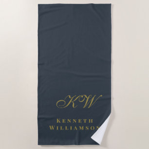 Navy Blue Gold Custom Monogram Minimalist Chic Men Beach Towel