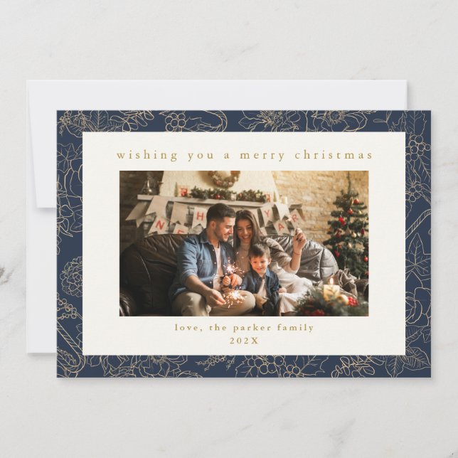 Navy Blue Gold Custom Photo Christmas Holiday Card (Front)
