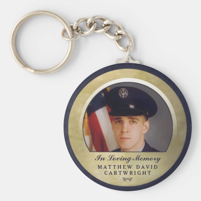 Navy Blue & Gold Custom Photo In Memory Key Chain (Front)