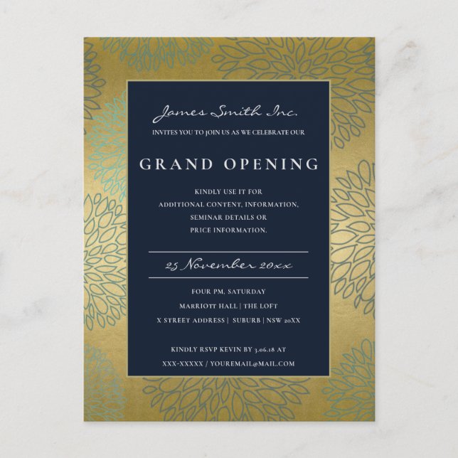 NAVY BLUE GOLD DAHLIA FLORAL GRAND OPENING INVITE POSTCARD (Front)