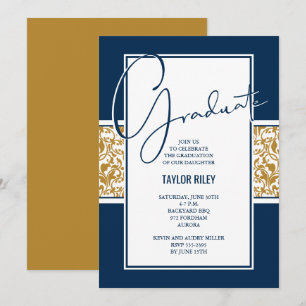 Navy Blue Gold Damask Graduation Invitation