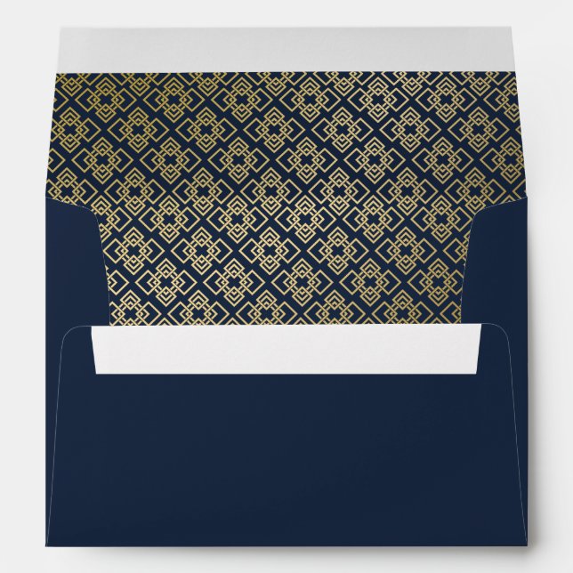 Navy Blue Gold Deco Geometric Return Address Envelope (Back (Bottom))