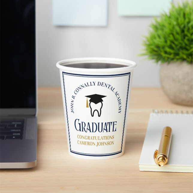 Navy Blue Gold Dental School Graduation Party Paper Cups (Insitu)